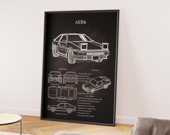 Initial D Toyota AE86 Blueprint Poster - Japanese Car Art - Anime