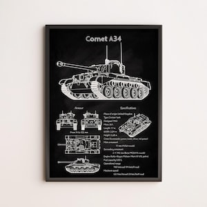 Comet A34 Tank Blueprint Poster | British WW2 Tank Diagram | Military Wall Art | Engineering Blueprint | Tank Enthusiast Gift