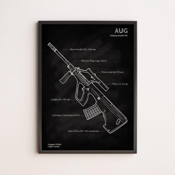 AUG Assault Rifle Blueprint Poster - Steyr AUG Schematic - Tactical Gun Art - Military Engineering Print - Gun Lover Gift - Man Cave Decor