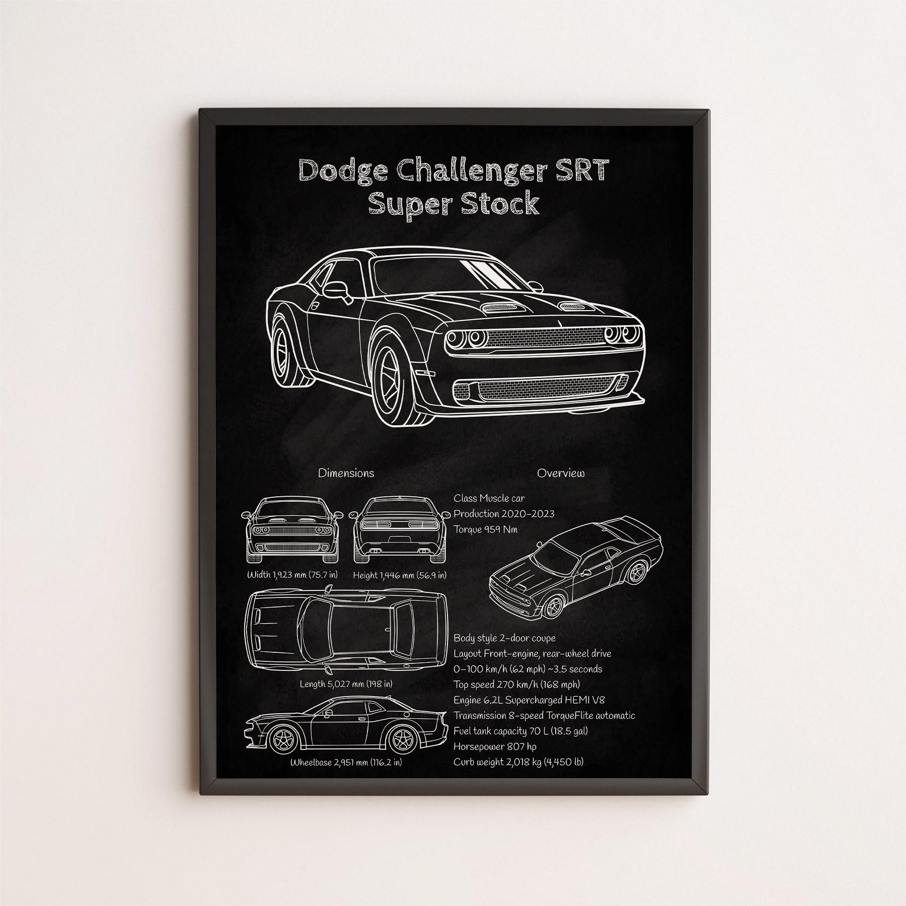 2020 Dodge Challenger Super Stock Blueprint Wall Art, 807HP Muscle