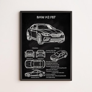 May include: Black framed print with a white line drawing of a BMW M2 F87 car. The print includes dimensions, production details, and specifications. The car's width is 185.4 cm, height is 140 cm, and wheelbase is 269.3 cm.