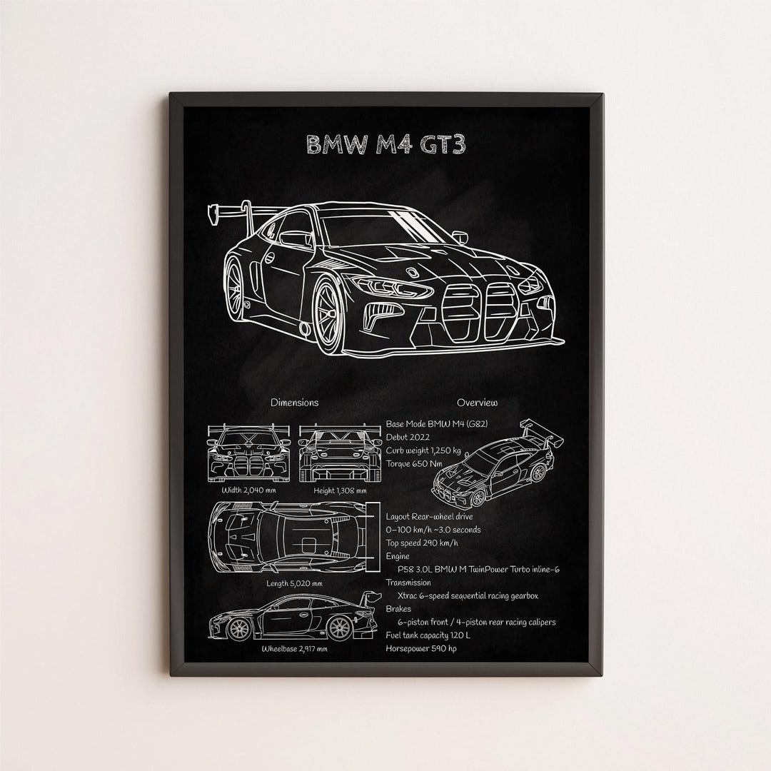 BMW M4 GT3 Blueprint Poster – Racing Car Wall Art Print, Motorsport ...