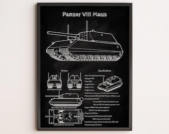 Panzer VIII Maus Tank Blueprint Poster - WW2 German Super Heavy Tank Schematic - Military Wall Art - Engineering Design Print