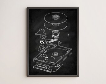 Plakat z planem dysku twardego | Sztuka ścienna w stylu vintage Computer Tech dla inżynierów, profesjonalistów IT i entuzjastów technologii retro