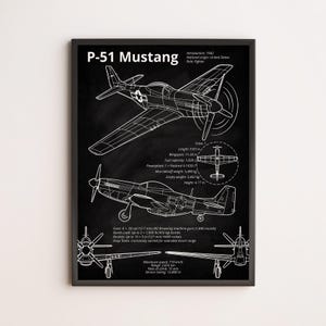 P-51 Mustang Blueprint Poster — WWII Fighter Plane Wall Art for Pilots, Aviation Collectors, and Vintage Military Aircraft Enthusiasts