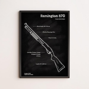 May include: A framed black and white diagram of a Remington 870 pump-action shotgun. The diagram includes barrel length (360-760 mm), effective firing range (40 m), and mass (3.2-3.6 kg). The length is 670-1,280 mm. Designed in 1950 in the United States.