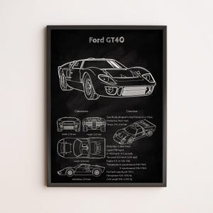 Ford GT40 Blueprint Poster – Classic Le Mans Racing Car Wall Art, Vintage Automotive Print, Garage Decor, Gift for Car Lovers & Collectors