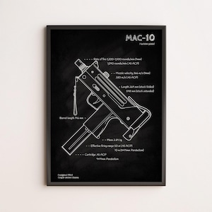 Puede incluir: Impresión enmarcada en negro con un dibujo lineal blanco de una pistola ametralladora MAC-10 y especificaciones técnicas. La impresión incluye la longitud del cañón, la velocidad de la boca y el alcance efectivo. Diseñado en 1964 en Estados Unidos.