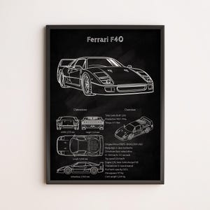 フェラーリ F40 ブループリントポスター、クラシックスーパーカーウォールアート、詳細な線画プリント、ガレージ、オフィス、ホームデコレーション、車愛好家へのギフト