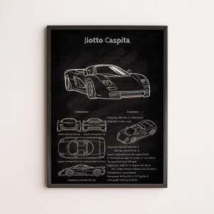 May include: Framed black and white print of a Jiotto Caspita sports car. The print includes detailed diagrams, dimensions, and specifications. The text "Jiotto Caspita" is at the top. The car's length is 178.5 inches, and the wheelbase is 106.3 inches.