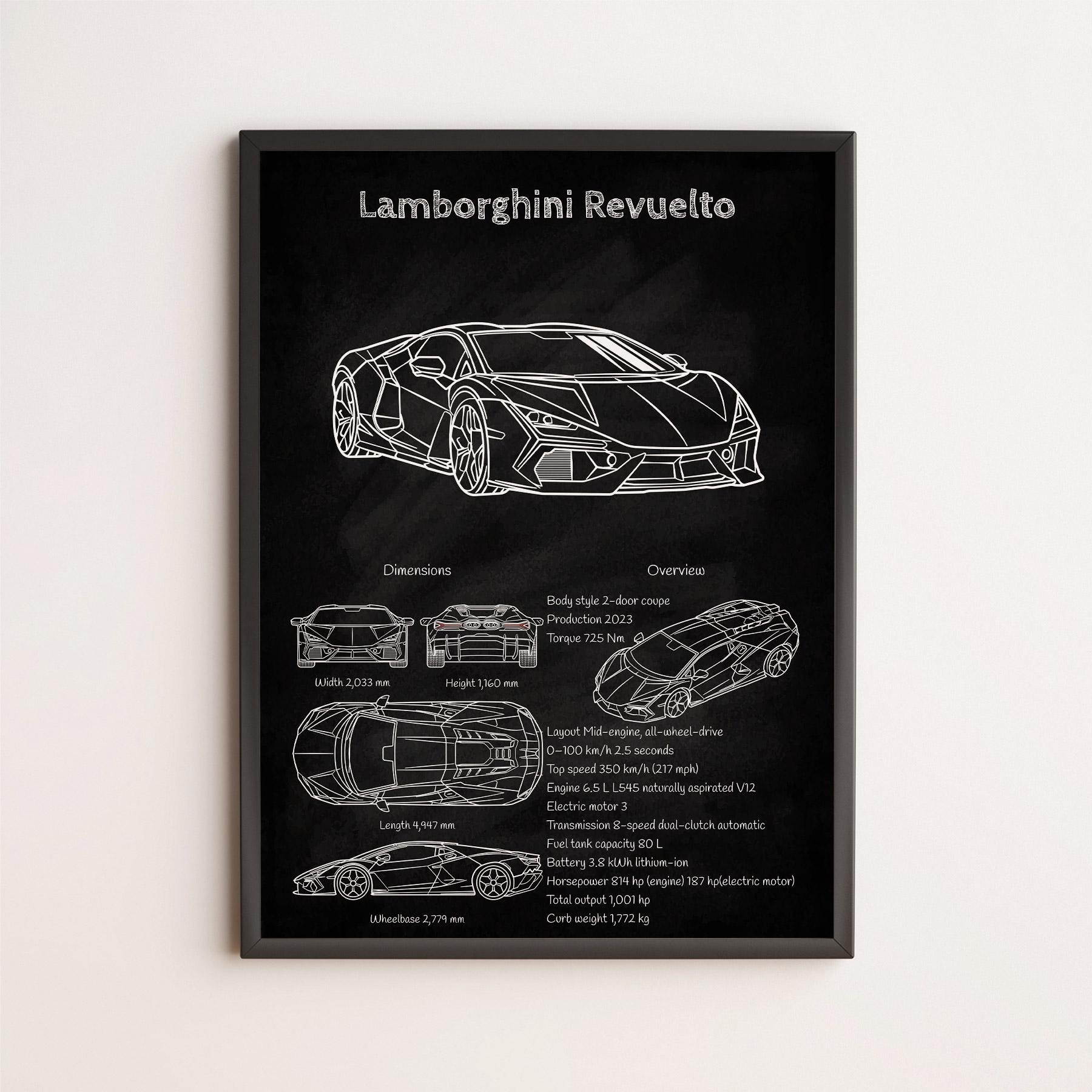Lamborghini Revuelto Blueprint Poster, Hybrid Supercar Wall Art