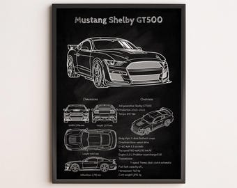 Ford Mustang Shelby GT500 Blueprint Poster – Classic American Muscle Car Wall Art Print, Vintage Performance Car Decor for Home or Garage