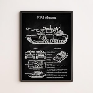 M1A2 Abrams Tank Blueprint Poster | Modern Military Vehicle Wall Art for Collectors and Armored Warfare Enthusiasts