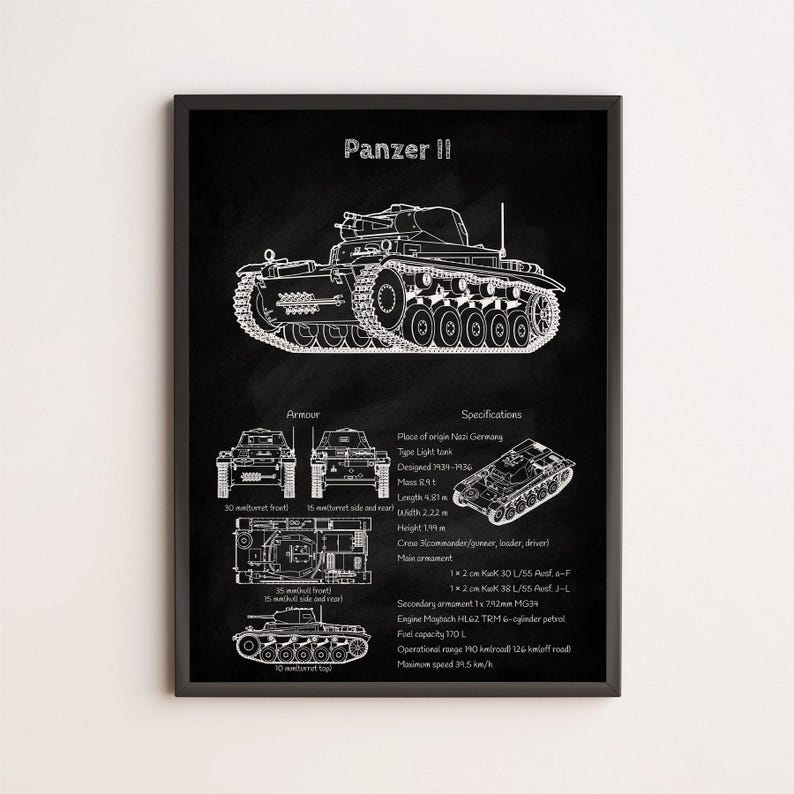 Panzer Poster Panzer II Blueprint Poster | WWII German Light Tank Wall Art for ...