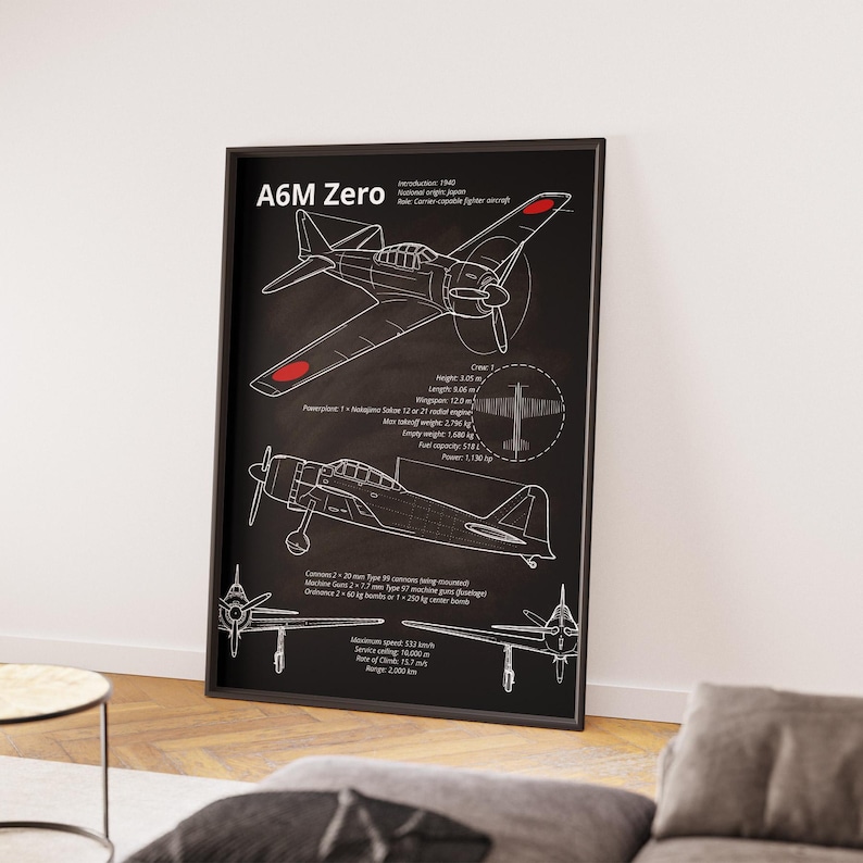Mitsubishi A6M Zero Blueprint Poster – WWII Japanese Fighter Plane Wall ...