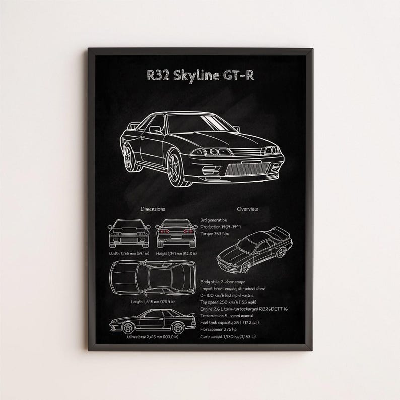 Nissan Skyline GT-R R32 Blueprint Wall Art, JDM Car Poster, Godzilla ...