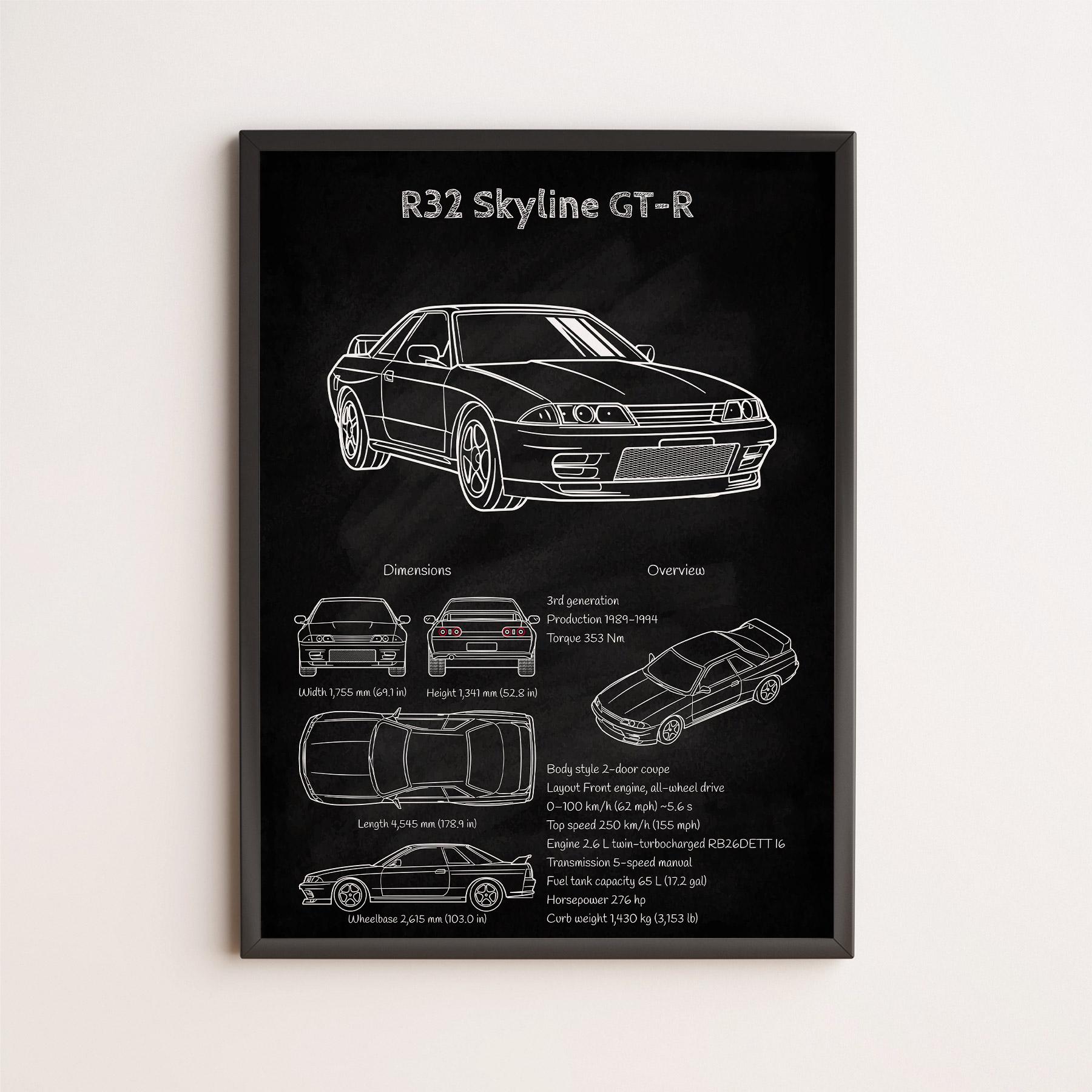 Nissan Skyline GT-R R32 Blueprint Wall Art, JDM Car Poster, Godzilla ...