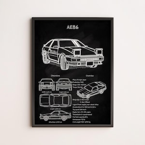 Initial D Toyota AE86 Blueprint Poster - Japanese Car Art - Anime Drift Machine Schematic - 80s JDM Wall Decor - Car Enthusiast Gift