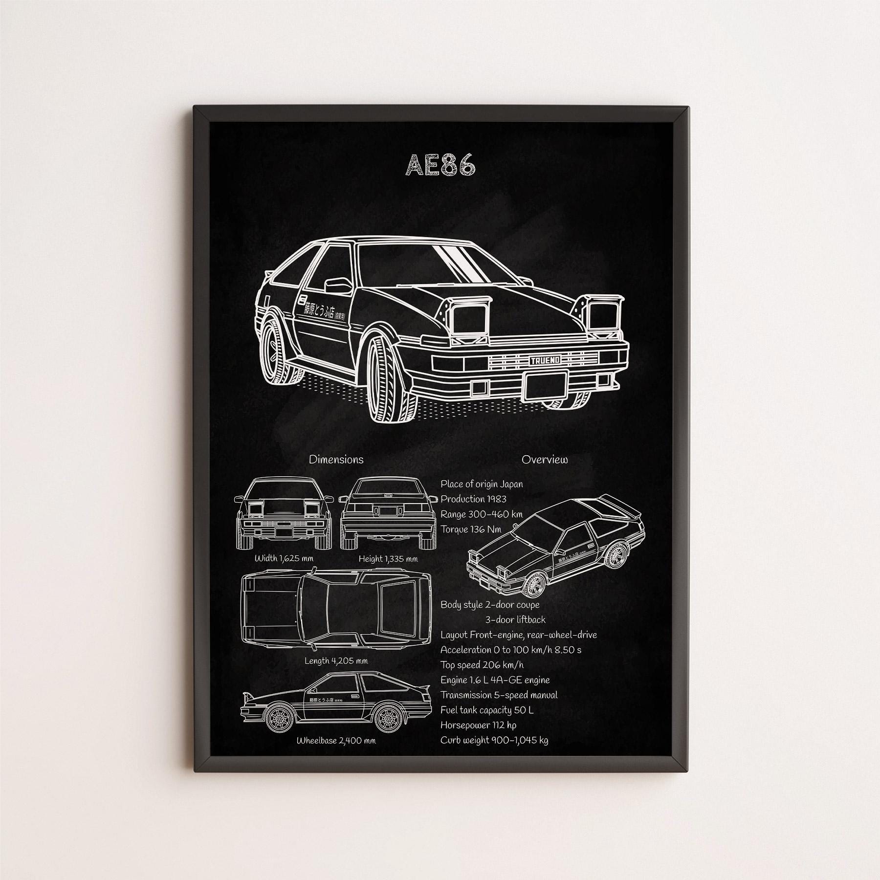 Initial D Toyota AE86 Blueprint Poster - Japanese Car Art - Anime