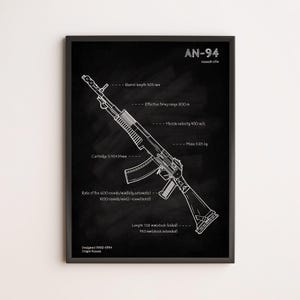 Op de afbeelding: Zwart omlijste print met een witte lijntekening van een AN-94 aanvalsgeweer. De afbeelding bevat technische specificaties: looplengte 405 mm, effectief bereik 800 m en massa 3,85 kg. De tekst bevat ook de patroongrootte en vuursnelheid.