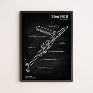 Póster del plano del Sten MK II: arte mural de subfusil británico de la Segunda Guerra Mundial para coleccionistas militares, entusiastas de las armas de fuego y aficionados a las armas históricas.