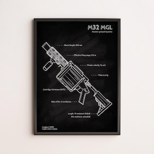 Poster con progetto del lanciagranate M32 MGL / Arte murale militare per collezionisti e appassionati di tattica
