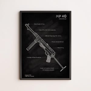 MP 40 Submachine Gun Blueprint Poster - Vintage Firearm Schematic - WW2 Wall Art - Engineering Design - Gun Enthusiast Gift