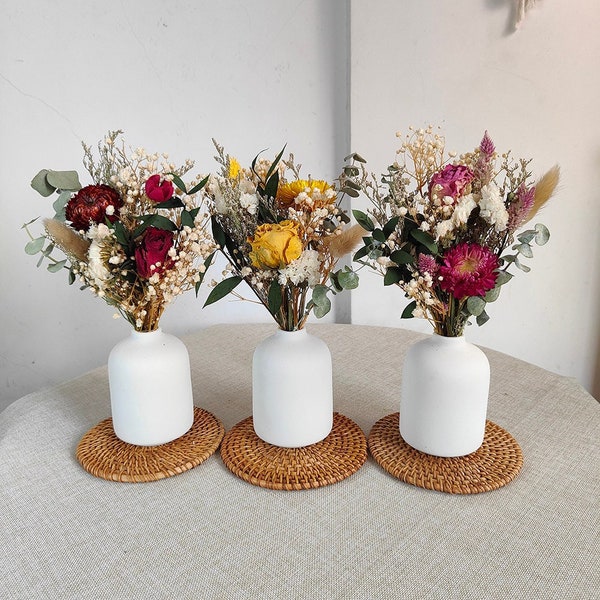 3 types de petit bouquet avec vase, bouquet de fleurs séchées dans un vase, composition florale, décoration de la maison, décor de centre de table de mariage, cadeau pour elle