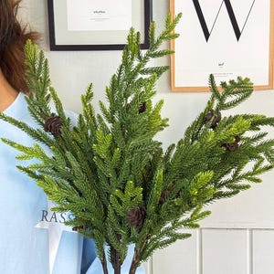 Artificial pine branch with cones，21 inch，real touch green plants，Christmas decor，DIY flower arrangements，home decor