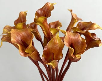 25” Artificial Calla Lily Stems，real touch calla lily，Retro Wine Yellow flowers， DIY Floral arrangement，Autumn Decor，retro flower decor