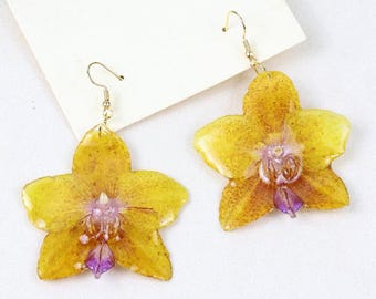 resin orchid flower drop earrings,  unique real flower jewelry,handmade botanical jewelry for women
