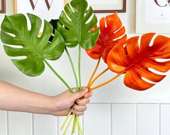 Faux PU Variegated Monstera leaf ((3 pcs),Tropical Plant decor,faux flower for vase,artificial greenery plant, DIY floral，home wedding decor