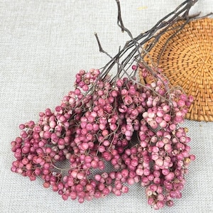 May include: A bunch of pink peppercorns with dark brown stems. The peppercorns are densely packed, giving a full and textured look. A woven basket is partially visible in the background, adding a rustic element.