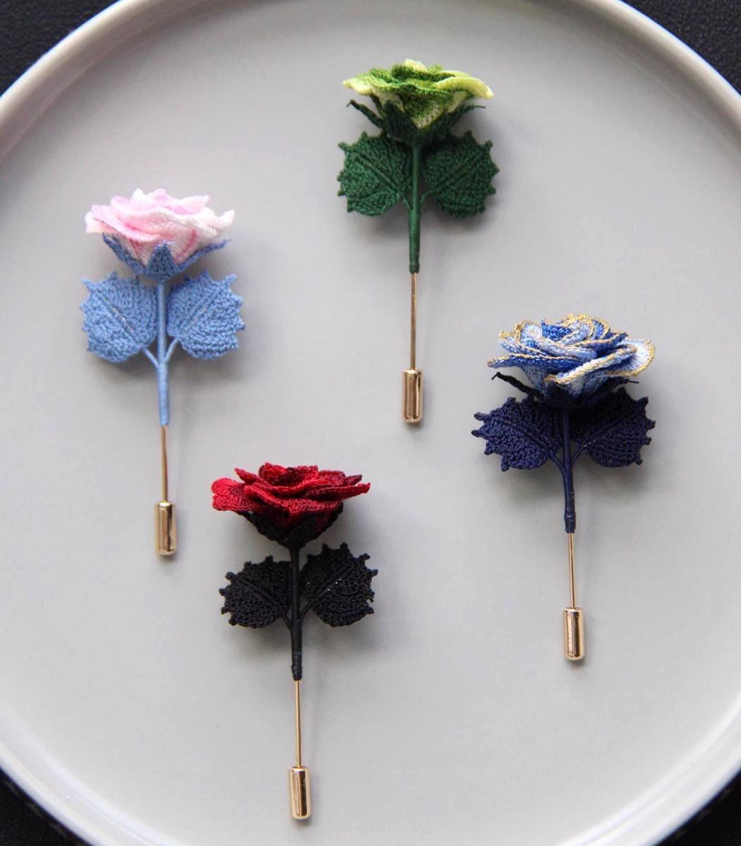Micro Crochet Rose Brooch，crochet Rose Floral Pin，handmade