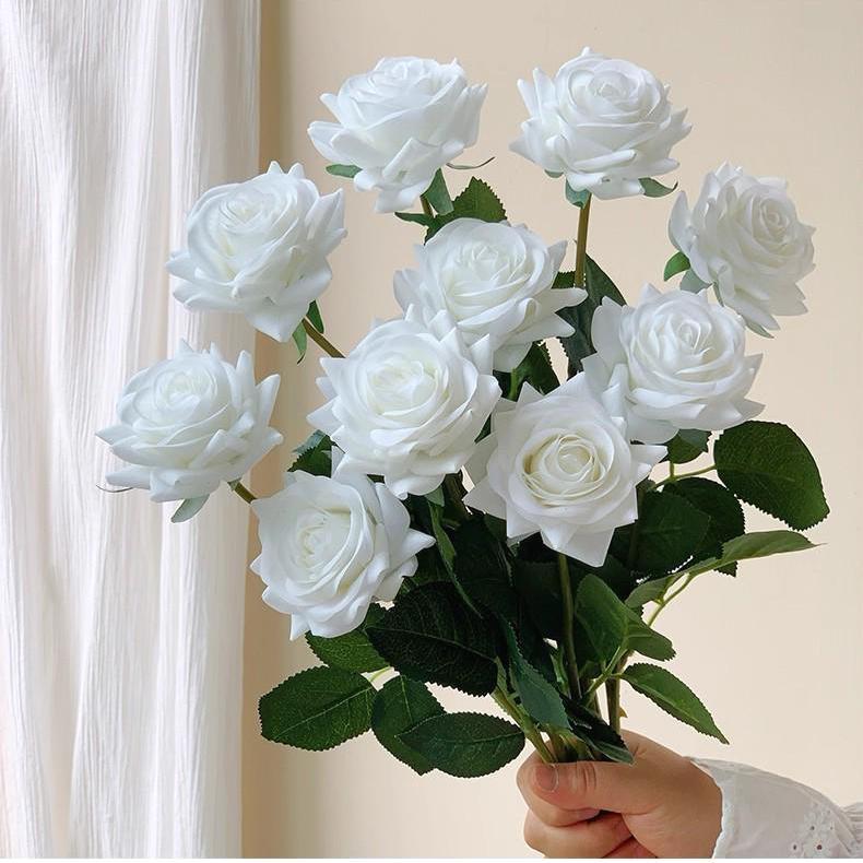 フェイクホワイトローズフラワー、人工ローズステム、リアルタッチ