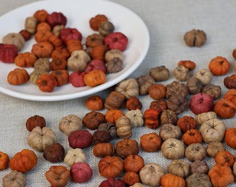 May include: A white plate filled with small, dried gourds in shades of orange, brown, and red. The gourds are scattered around the plate on a beige fabric surface.