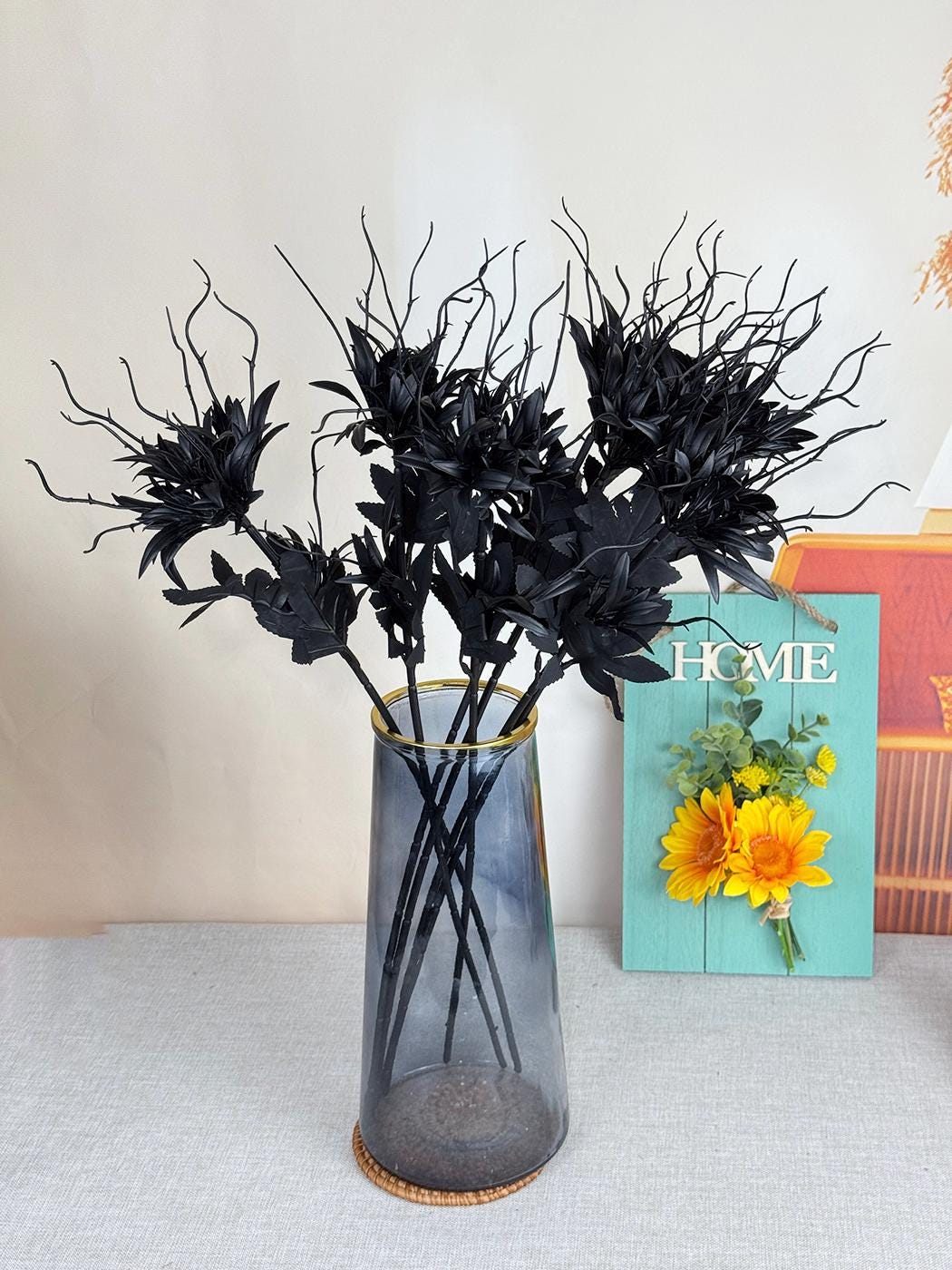 人工エピフィラムの枝、偽の黒い花の茎、フラワーアレンジメント、花瓶