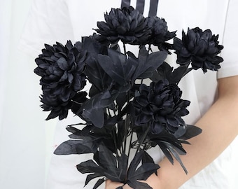 Dalia negra artificial, 38 cm, crisantemo de seda artificial, decoración gótica para bodas y hogar, flor negra artificial, arreglo floral DIY