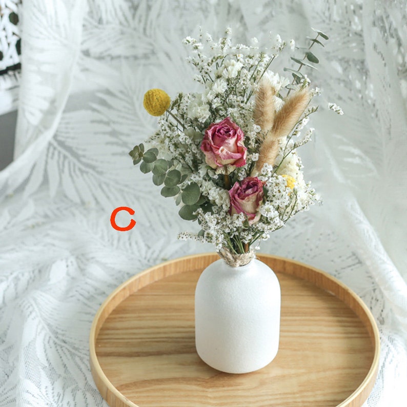 ramo seco con jarrón de cerámica, ramo de flores secas, arreglo de flores secas, adorno de escritorio, decoración del hogar, decoración de la boda C
