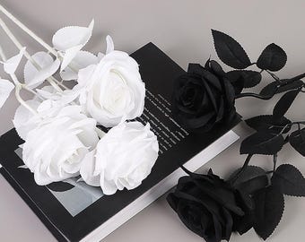 pure Black & White Silk Rose, Faux Floral Arrangement, Wedding Home Decor，DIY floral