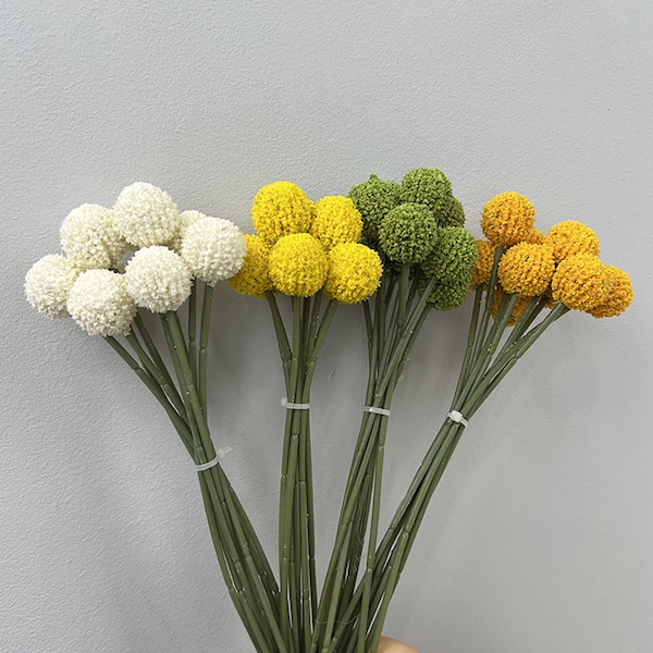 artificial craspedia ， dried billy balls，9 stems in bunch，flower arrangement，vase filling，DIY craft supply，home decor，wedding flower decor