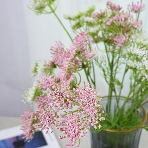 May include: A bouquet of pink and white Queen Anne's Lace flowers in a gray glass vase with a gold rim. The flowers have delicate, clustered blooms and green stems. A book is partially visible in the background.