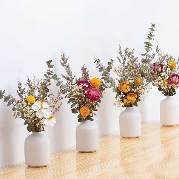 6 petits bouquets avec vase, bouquet de fleurs séchées, fleurs pour vase en céramique, composition florale, décoration de la maison, décoration de mariage