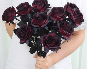Faux dunkelrote schwarze Rosen, 20 Zoll, künstliche Seidenrose Blume, DIY Blumenschmuck, Gothic Home Hochzeitsdeko, künstliche Blume in Vase