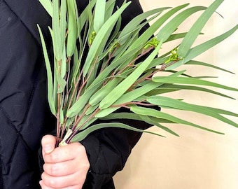 May include: A bundle of artificial eucalyptus stems featuring long, slender, sage green leaves and thin, reddish-brown stalks. The foliage displays a realistic texture with small, clustered green buds visible among the pointed, lance-shaped leaves.