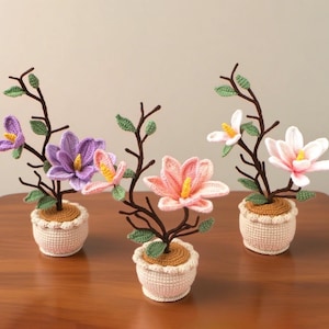 Può includere: Tre composizioni floreali all'uncinetto in piccoli vasi. Ogni composizione presenta uno stelo marrone con foglie verdi e fiori all'uncinetto nei toni del viola, rosa e bianco. I vasi sono bianco sporco con un bordo smerlato.