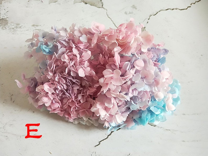 May include: A bouquet of dried hydrangeas in shades of pink, blue, and white. The flowers are arranged in a loose, natural style.