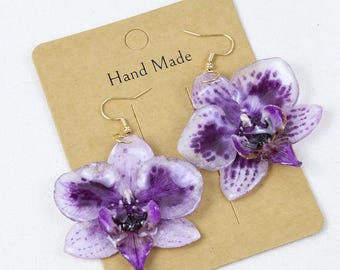 real spot orchid  earring，resin orchid flowers charm，handamde botanical jewelry，unique large flower earrings，gift for her
