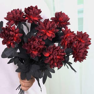 artificial red dahlia flower, fake burgundy dahlia flower, artificial flowers in vase, fake flower arrangement, home/wedding flower decor