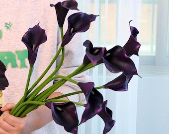 20'' artificial dark purple -black calla lily, faux calla lily,  real touch flower, faux flower arrangement,  home/wedding decor